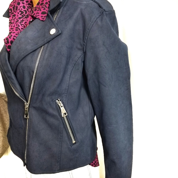 NINE WEST Biker Jacket Navy Brushed Faux Leather - Picture 5 of 8